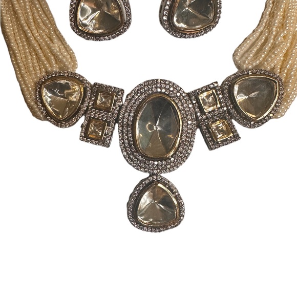 Indian Bridal Kundan Necklace, 12” long- length adjustable with tassel, white - Picture 3 of 12